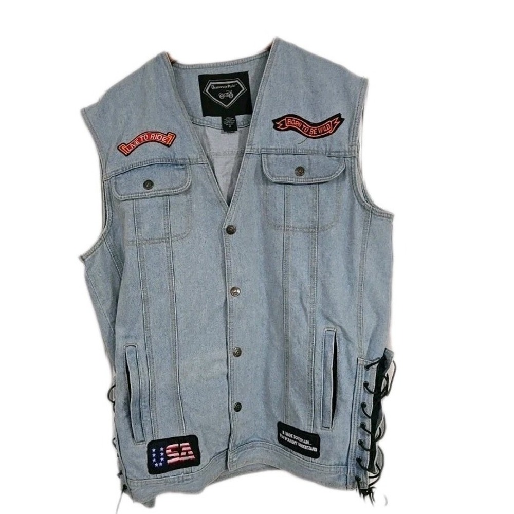 VTG 90s Diamond Plate Denim Biker Vest 2XL Eagle USA Flag Patches Lace Up Sides